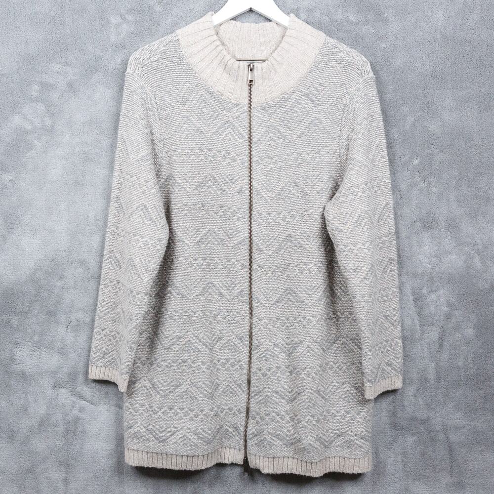 J JILL Full Zip Mock Neck Fair Isle Aztec Tunic Cardigan Sweater Gray Cream Sz L